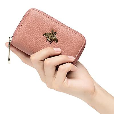 RFID Card Slots Credit Card Holder Leather Accordion Card Case Small Wallet  for Women or Men with Zipper-Pink