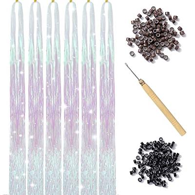 Hair Tinsel Kit with Tools 6pcs 1200 Strands Hair Tinsel Heat Resistant Tinsel  Hair Extensions Fairy Hair Sparkling Shiny Glitter Hair Extensions for  Women Girl Kids (Silver)