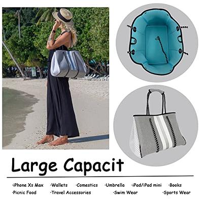 Neoprene Multipurpose Beach Bag Stylish Gym Bag Large Pool Bag Shoulder Bag  Beach Tote with Small Purse … (X-large Stripe Light Green)