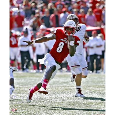 Lamar Jackson Louisville Cardinals Unsigned White Jersey Warming Up vs. NC  State Photograph