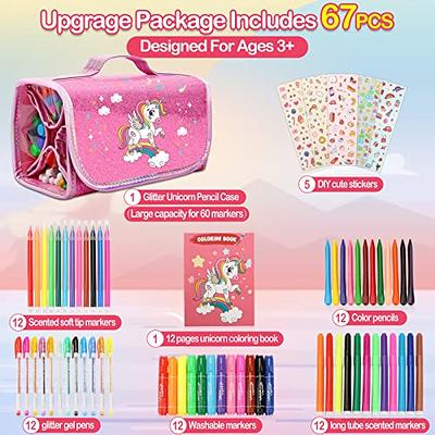  Unicorn Markers Set Gifts for Girls: Coloring Scented Markers  Kit with Unicorns Pencil Case - 66PCS Art School Supplies Drawing Toys Age  - Birthday Christmas Gift for Kids 4 5 6