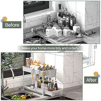 Iirios Under Sink Organizers and Storage, Height Adjustable 2-Tier Bathroom  Cabinet Organizer, Metal Bathroom Sink Organizer with 4 Hooks, Multi-use