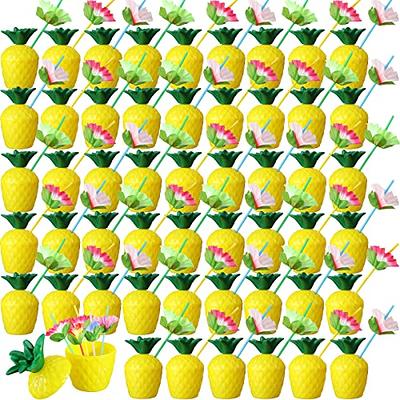 Nuenen 60 Pcs Pineapple Cups Plastic Pineapple Cups with Lids Hibiscus  Straws Hawaiian Luau Cups with Palm Leaves Pineapple Drink Cups Tiki Cups  for Tropical Luau Aloha Beach Theme Party Supplies 