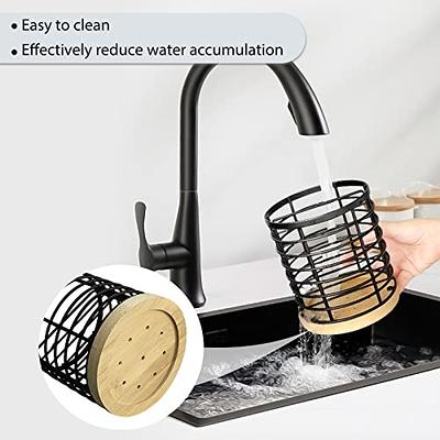 WDT Tool Utensil holder for Kitchen Counter - 5.2 x 5.2 x 6 Large Round  with Wooden Base Matte Black Cooking Utensil Holder Utensil Organizer