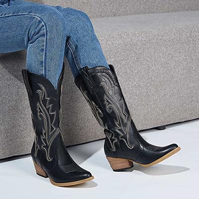  HISEA Rollda Cowboy Boots Women Western Boots Cowgirl Boots  Ladies Pointy Toe Fashion Boots | Mid-Calf