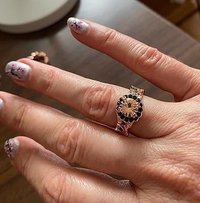 S Jewelry, Rose Gold Color Black Zircon Ring Vintage Flower With
