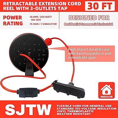 30 Ft Retractable Extension Cord Reel with 3 Outlets, Wall/Ceiling Mount,  UL Listed