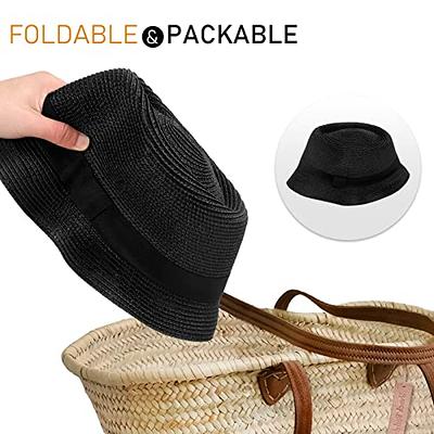 Womens Short Brim Straw Sun Hat Fedora Trilby Hat Panama Men Roll Up  Packable Beach Hats… Black - Yahoo Shopping