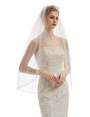 Latious 2 Tier Bride Wedding Veil White Bridal Tulle Veils with Comb  Fingertip Double Layer Veils for Brides and Women