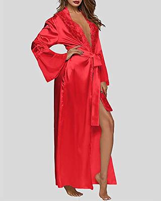 Women's Lace-Trim Silk Robes Kimono Satin Bathrobe Short Sexy V Neck  Sleepwear Party Satin Robes Sleepwear