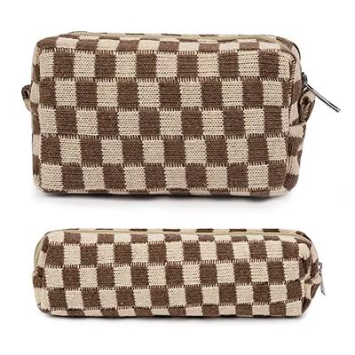 SOIDRAM 2 Pieces Makeup Bag Large Checkered Cosmetic Bag Brown Capacity  Canvas Travel Toiletry Bag Organizer Cute Makeup Brushes Aesthetic  Accessories