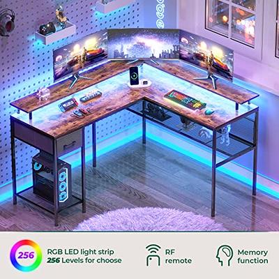 Huuger L Shaped Gaming Desk with Power Outlets, Led Lights, Computer Desk  Office Desk with Storage Shelves, Corner Home Office Desks for Bedroom,  Rustic Brown 