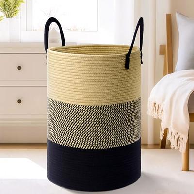 VIPOSCO Large Laundry Hamper, Tall Woven Rope Storage Basket for Blanket,  Toys, Dirty Clothes in Living Room, Bathroom, Bedroom - 58L White & Brown