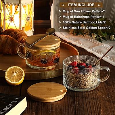 4pcs Set Vintage Coffee Mugs, Overnight Oats Containers with Bamboo Lids  and Spoons - 14oz Clear Embossed Glass Cups, Cute Coffee Bar Accessories,  Iced Coffee Glasses, Ideal for Cappuccino, Tea, Latte 