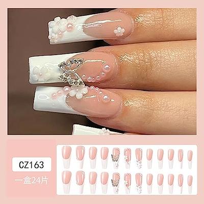 French Tip Press on Nails Long Square Fake Nails Valentines Day Pink Nails  with Love Rhinestones Designs Coffin Acrylic Flase Nails Glue on Nails for