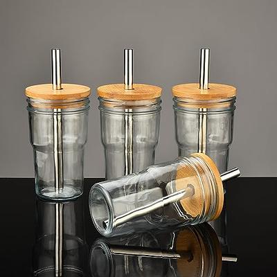  ALINK 4-Pack 16 oz Glass Cups with Bamboo Lids and Straws,  Mason Jar Glass Tumbler, Reusable Boba Cups, Iced Coffee Drinking Glasses  for Bubble Tea, Smoothies, Juice - 2 Cleaning Brush 