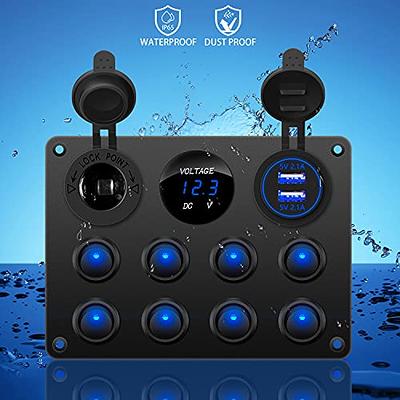 KEING 4 Gang 12V-24V DC Rocker Switch Panel Waterproof LED Circuit Breaker  with Dual USB Charger & Digital Voltmeter & 12V Flush Car Charger Adapter