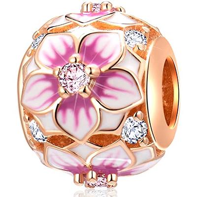 Gnoce Rose Gold Flower Charms for Bracelet 925 Sterling Silver Nature Theme Bead Charms for Women Mother's Day Gift