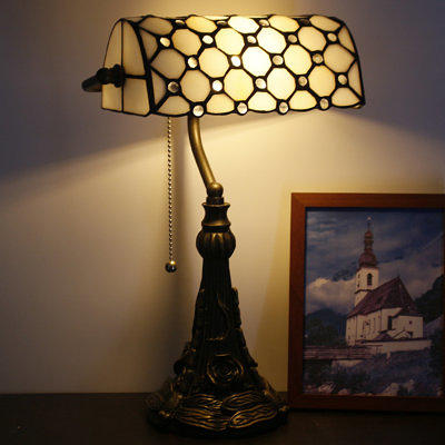 Banker Lamp Tiffany White Stained Glass Crystal Bead Piano Desk