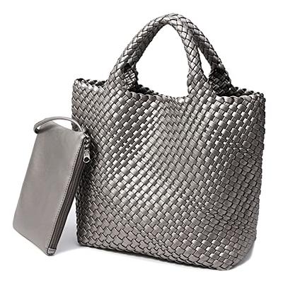 KALIDI Woven Tote Bag, Women Macaron Soft Leather Weave Handbag Purse Wrist Bag Large Capacity Work Shopping Travel Daily