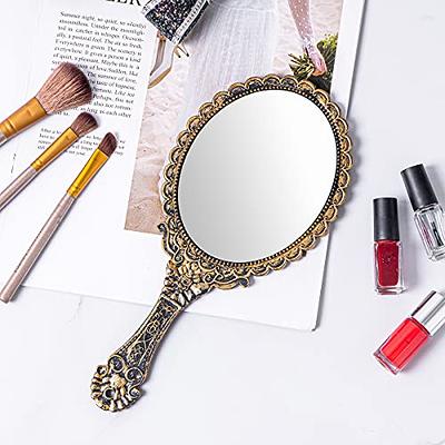 2pcs/Set Black Small Round Mirror Handle Makeup Mirror Cute Mini