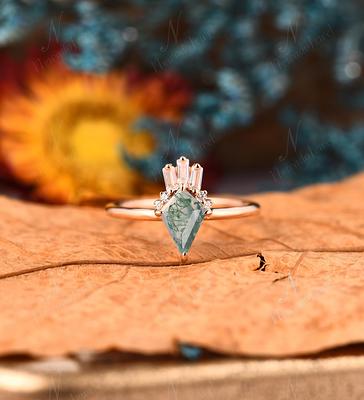 Vintage Kite Shaped Moss Agate Engagement Ring Set Rose Gold Unique Moon Wedding Ring for Women Band Green Crystal Emerald Promise Ring 18K White Gold