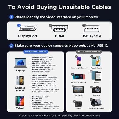 Warrky USB C to DisplayPort Cable for Office and Gaming (4K 60Hz, 2K/1440P  165Hz) Aluminum Type-C to Display Port Cord [Thunderbolt 3/4 Compatible]