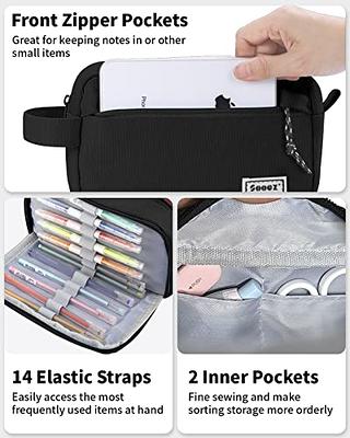 Sooez High Capacity Pen Case Black Durable Pencil Bag Stationery Pouch Zipper Portable Journaling Supplies with Easy Grip Handle & Loop Asthetic