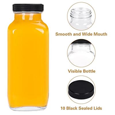  All About Juicing Clear Glass Water Bottles Set - 6 Pack Wide  Mouth with Lids for Juice, Smoothies, Beverage Storage - 16 oz, Durable,  Reusable, Dishwasher Safe, Leak Proof (Black Caps) 