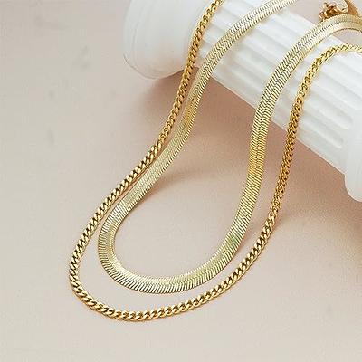 Tasiso 14K Gold Filled Herringbone Choker Necklace Set Double Layer Snake Chain Herringbone Chain Necklace Layering Necklace Set Cuban Chain