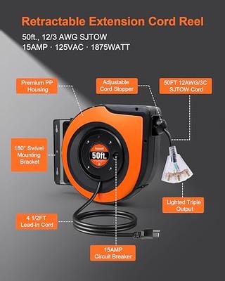 EP Retractable Extension Cord Reel, 50 Ft Heavy Duty Power Cord, 14 AWG/3C  SJTOW, 13 AMP Circuit Breaker, Lighted Triple Tap, Ceiling or Wall Mount,  UL Listed : : DIY & Tools