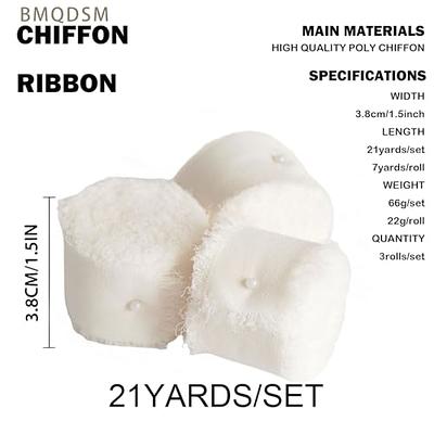 3 Rolls 1.5 In x 5 Yd Fringe Silk Chiffon Ribbon, Blue/Cream White