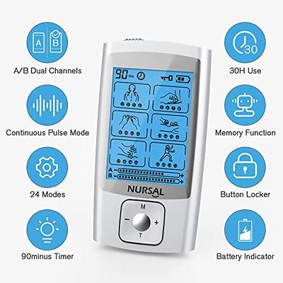 NURSAL TENS EMS Unit, Electric Muscle Stimulator Machine for Back Pain  Relief Therapy & Management, 24 Modes 8 Replacement Electrode Pads