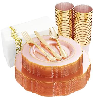 KIRE 210Pcs Clear Pink Plastic Plates with Gold Rim& Disposable