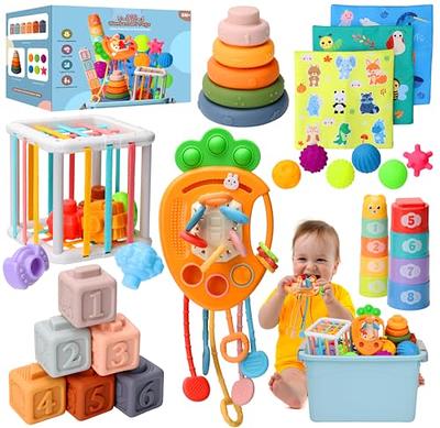 5 in 1 Baby Montessori Toys Set Include Shape Sorter Bin with Sound, Baby  Tissue Box, Stacking Cups, Pull String Toy, Soft Stacking Rings, Sensory