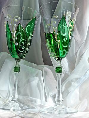 Lily Of The Valley Hand Painted Wine Glasses Set 2 Crystal Bohemia