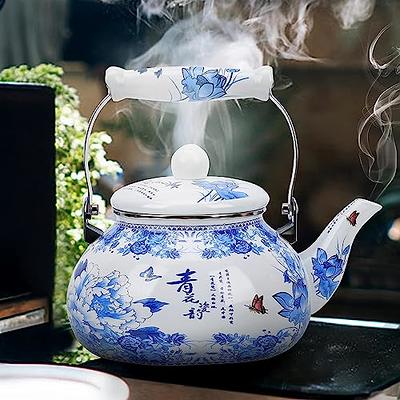 Vintage Enamel Tea Pot Tea Kettle Blue Cheerful Enamelware 