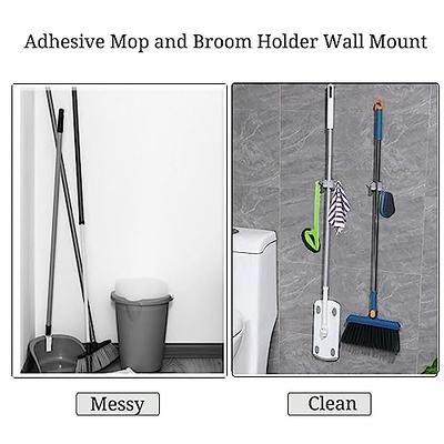3pcs Mop And Broom Holder, Wall Mounted Adhesive Storage Rack With Hooks,  Organizer For Brushes, Brooms, Toilet, Laundry Room