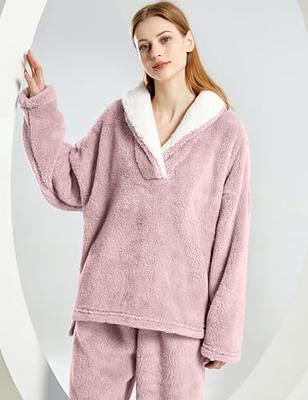 Two Piece Sherpa Lounge Set for Women Long Sleeve Plush Hoodies with  Pockets Matching Pajamas Set Warm Sleepwear Set