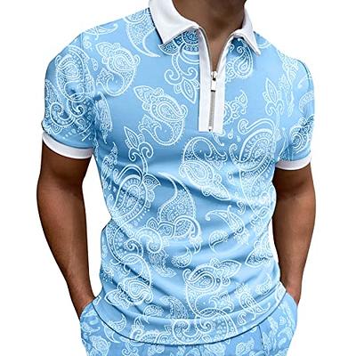  Men Summer Solid Color Zipper Top Shirt Short Sleeve