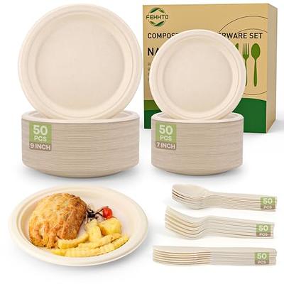 Heavy Duty Paper Plates Set for Dinner, Sugarcane Disposable Eco,9 Inch and  7 Inch Party Plates,Forks,Knives and Spoons Set for 50 People [250 PCS] 