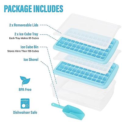 Ice Cube Tray (Blue) with Lid and Bin for Freezer, Easy Release 2 Pack of  55 Nugget Ice Trays Molds with Cover One Storage Bucket Bin and One Scoop.  Perfect Small Ice