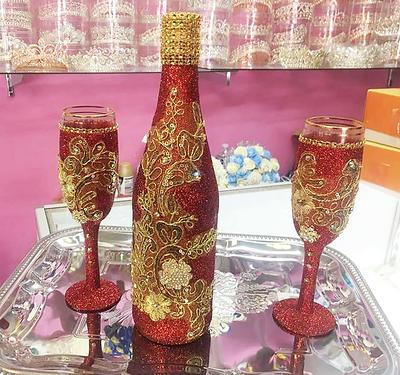 Sziqiqi Wedding Champagne Glass Set Gold Toasting Flute Glasses Deluxe Pack of 2 with Rhinestone Rimmed Hearts Decoration for