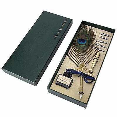 Feather Quill Pen Vintage Feather Dip Ink Pen Set Copper Pen Stem Writing  Quill Pen Calligraphy Pen As Christmas Birthday Gift Set (Navy Blue)