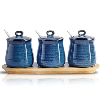 Set of 3 Glass Condiment Spice Jars With Bamboo Lids, Spoons and Tray -  Stephanie Imports