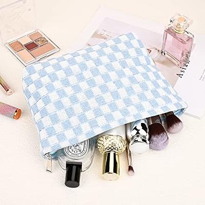 SOIDRAM Makeup Bag Checkered Cosmetic Bag Blue Makeup Pouch 1Pcs Large  Capacity Makeup Bags and 1Pcs Makeup Brushes Storage Bag Travel Toiletry  Bag