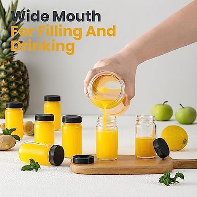 Juice Shot Bottles Set - Wide Mouth for Juicing, Beverage Storage, Liquids, 2 oz, Clear Glass with White Caps, Reusable, Leak Proof, Jars (8 Pack)