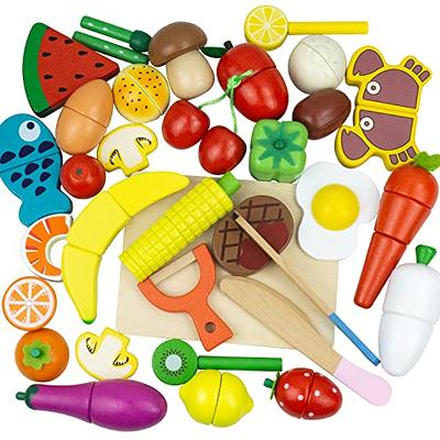 WHOHOLL Wooden Toys Play Kitchen Accessories, Montessori Toys for 1 2 3 4 5  + Years Old Toddlers, Toy Kitchen Play Dishes & Play Food Playset