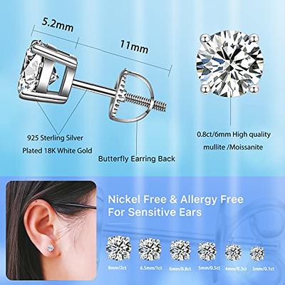 Moissanite Stud Earrings, 0.6ct-2ct DF Color Brilliant Round Cut Lab  Created Diamond Earrings 18K White Gold Plated Silver Friction Back for  Women Men