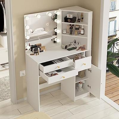 White Vanity Desk with Mirror and and 3 Drawers & Cabinet, Large Capacity,